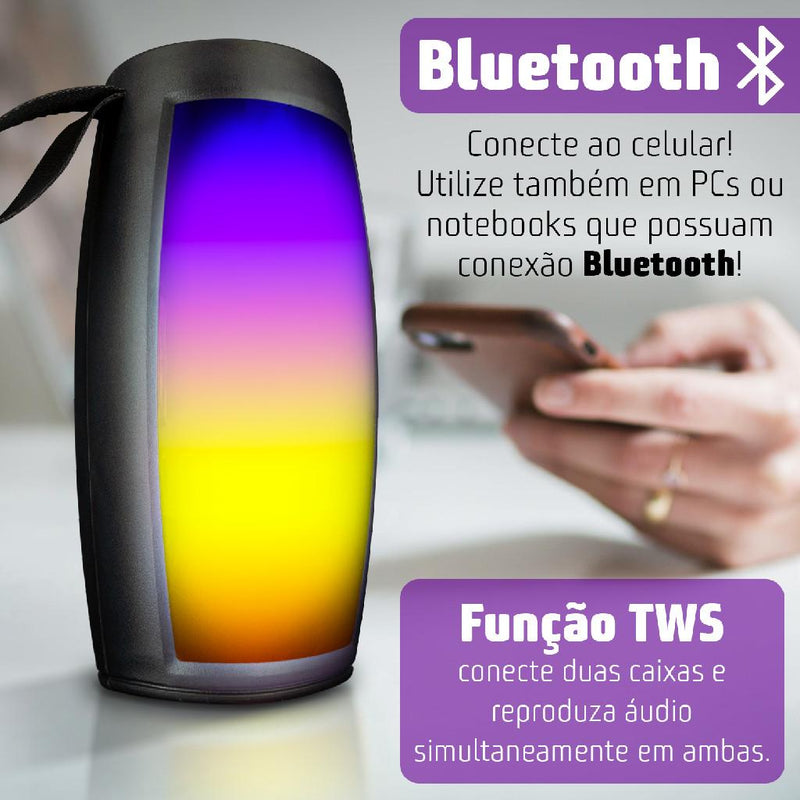 Caixinha De Som Portátil Bass Amplificado Bluetooth LED RGB Cartão SD Radio Fm USB Conexão TWS